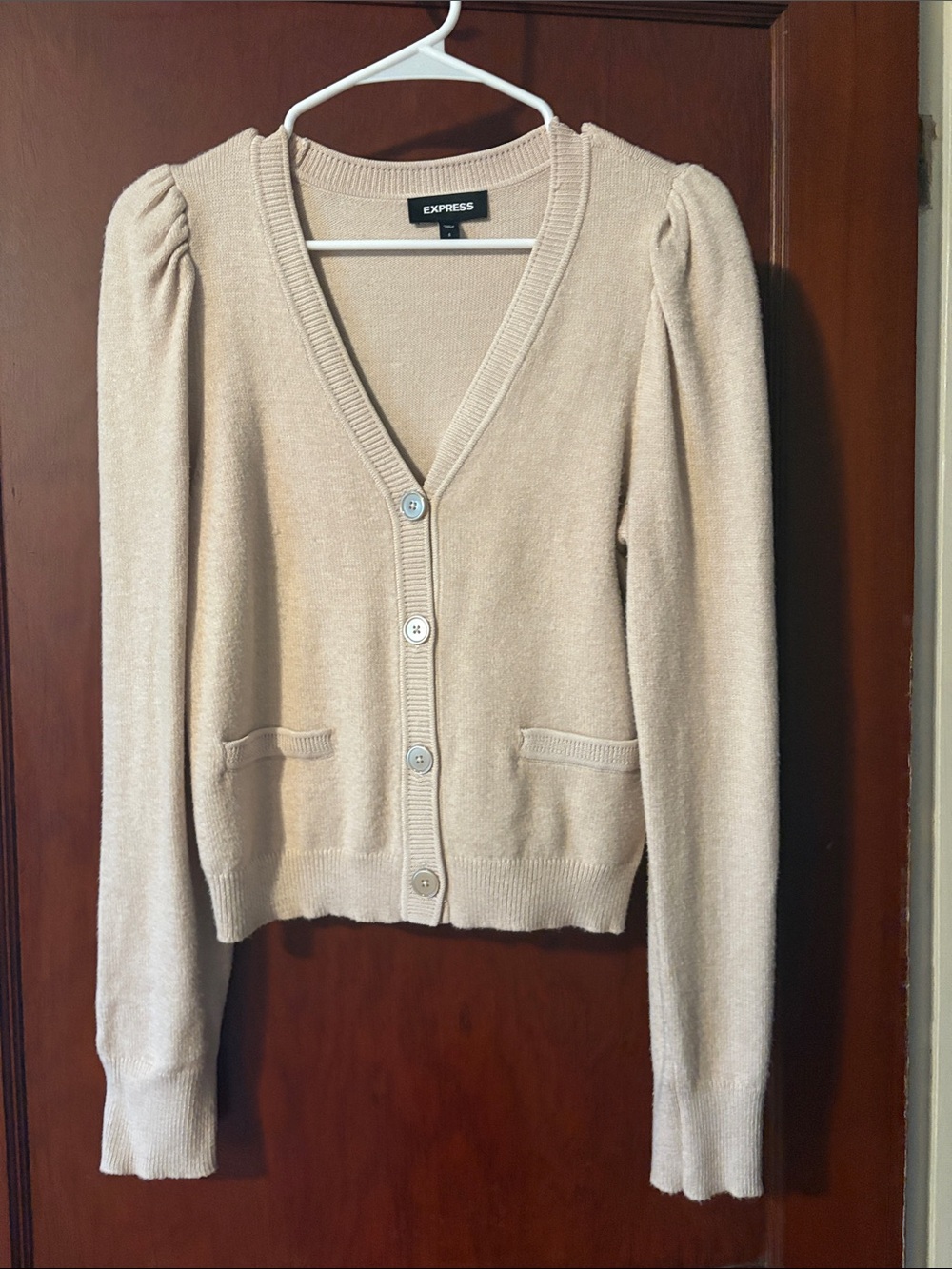 Express Women's Beige Puff-Sleeve V-Neck Cardigan